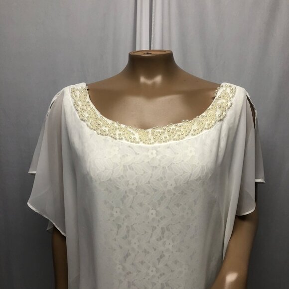 SD Collection Ivory Chiffon Overlay Lace Dress Womens Sz 12 Faux Pearl Neckline - Picture 2 of 8